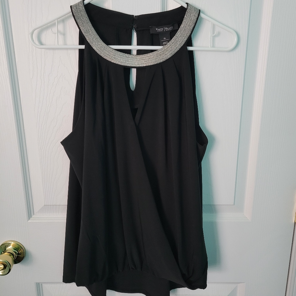 WHBM Halter Top - Black w/Silver Band Neck - Wrap Blouson Front - NWT